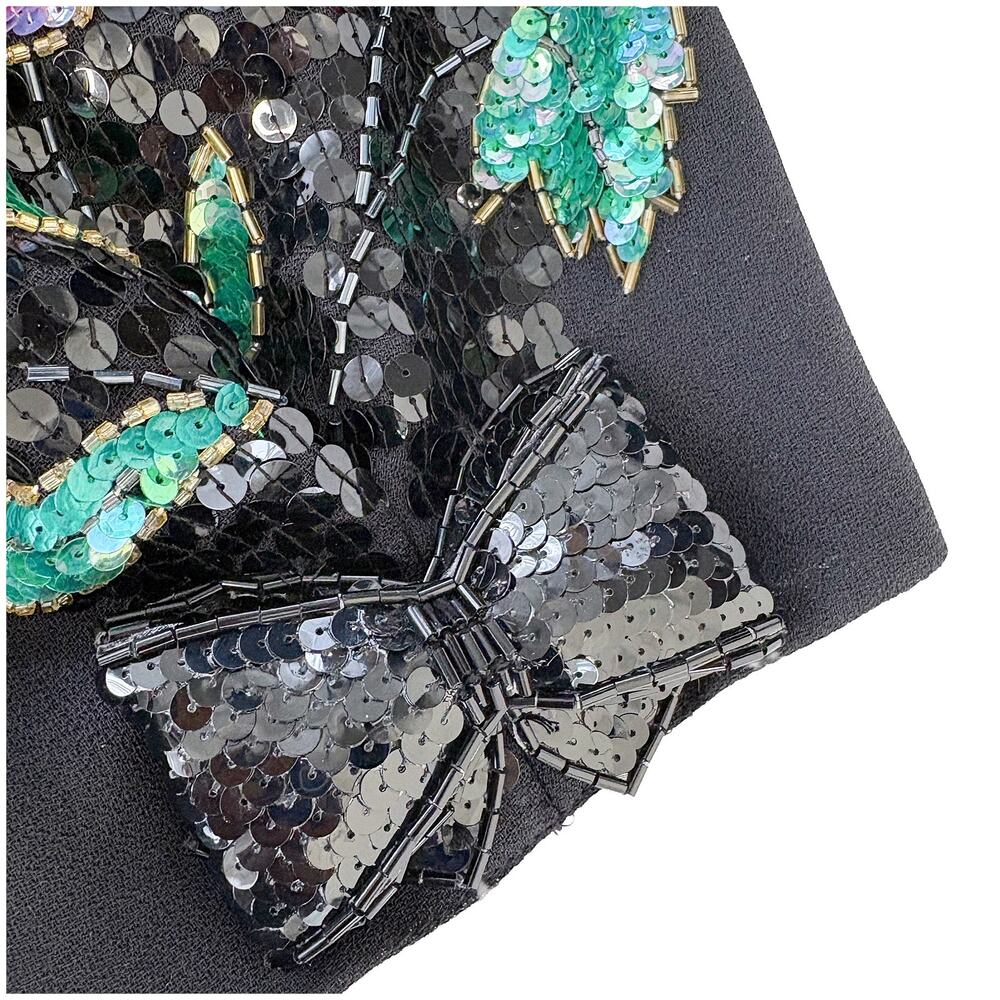 Vintage Beaded Sequin Cocktail Dress L Black Floral Sleeve Evening Glam Party - Picture 7 of 15
